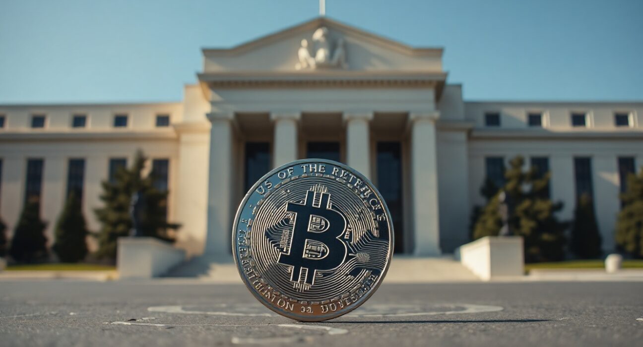 Bitcoin coin in focus with US Dollar symbol and Federal Reserve building in background.