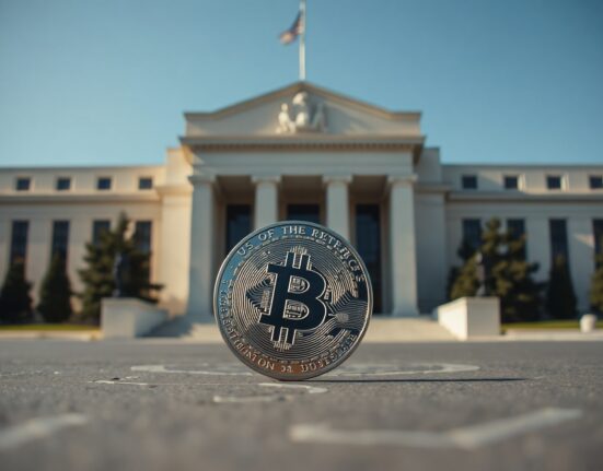 Bitcoin coin in focus with US Dollar symbol and Federal Reserve building in background.