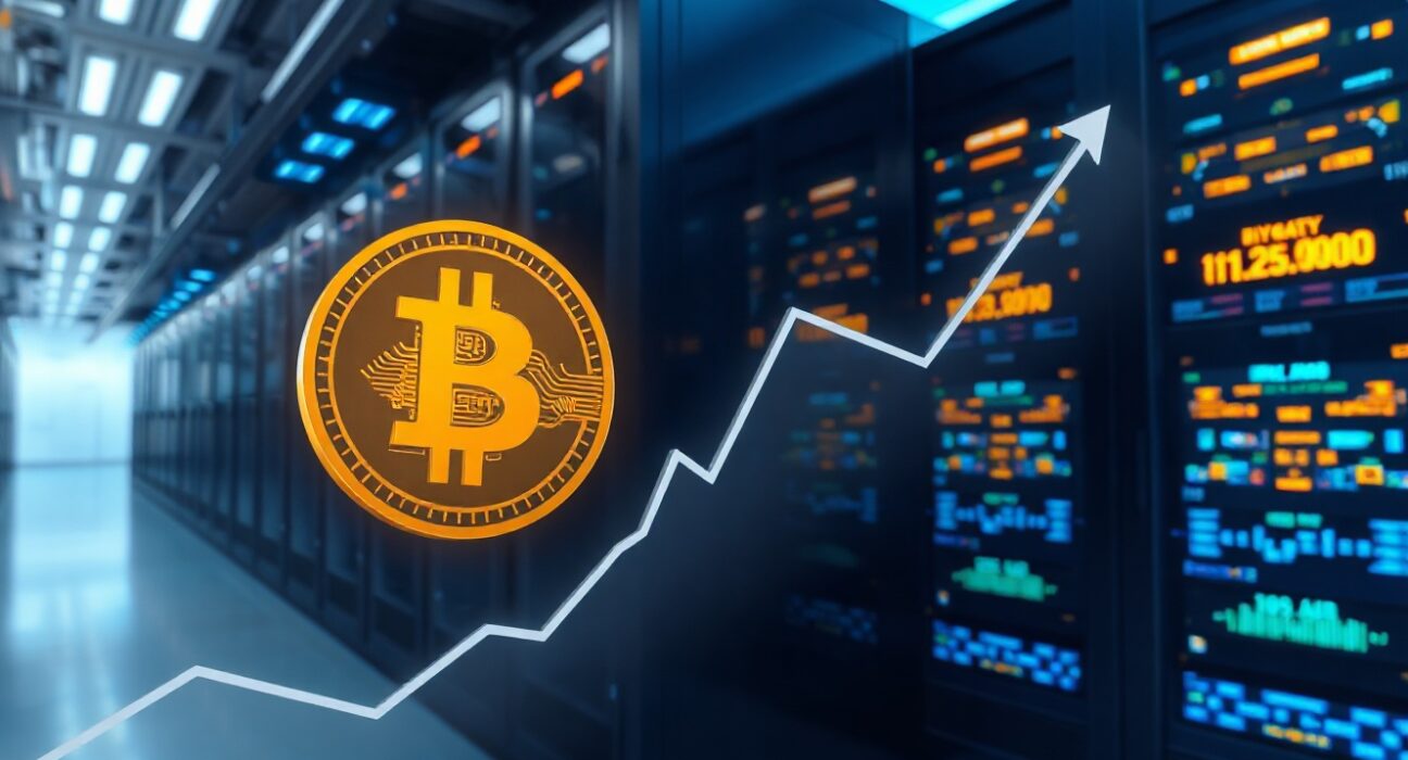 Bitcoin blockchain network activity visualization with server racks and data graphs