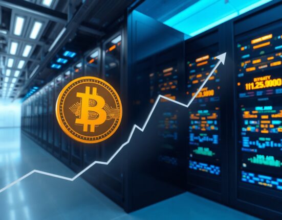 Bitcoin blockchain network activity visualization with server racks and data graphs