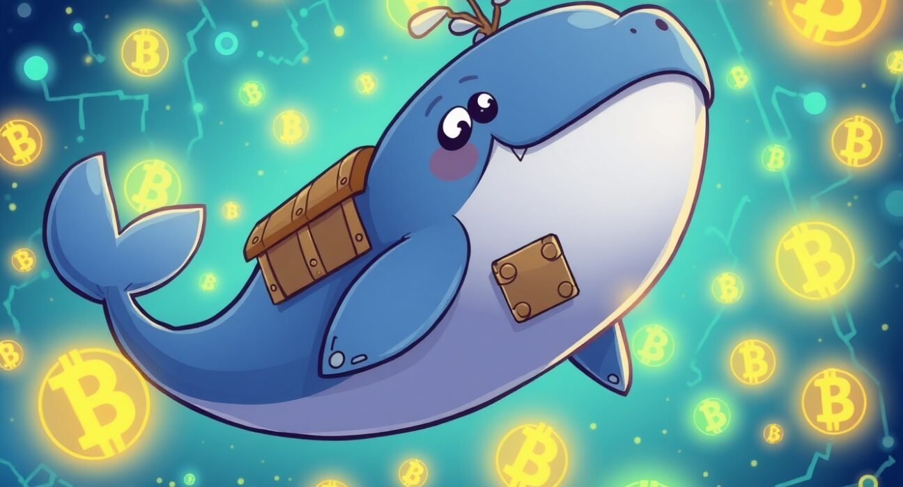 A cartoon whale symbolizing a large Bitcoin transaction moving through a digital blockchain network.
