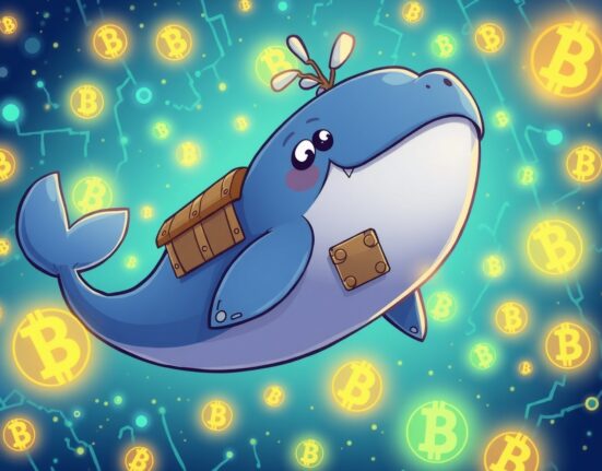 A cartoon whale symbolizing a large Bitcoin transaction moving through a digital blockchain network.