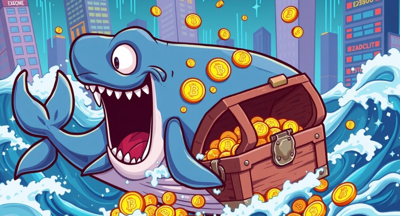 Massive Bitcoin transaction represented by whale carrying digital treasure through blockchain waves