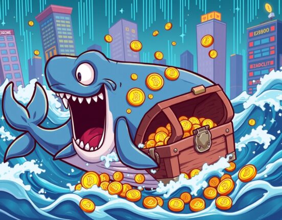 Massive Bitcoin transaction represented by whale carrying digital treasure through blockchain waves