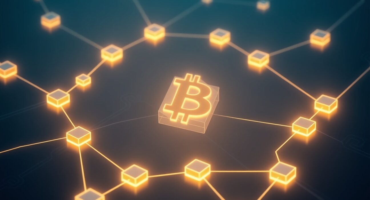 Visualization of low Bitcoin transaction fees on the blockchain network representing 2025 efficiency.