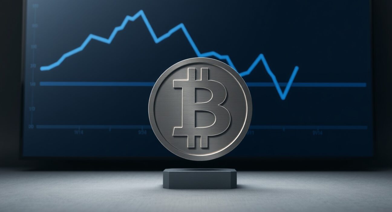 Bitcoin symbol with a declining graph representing falling transaction fees and network activity.