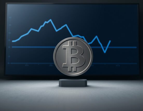 Bitcoin symbol with a declining graph representing falling transaction fees and network activity.