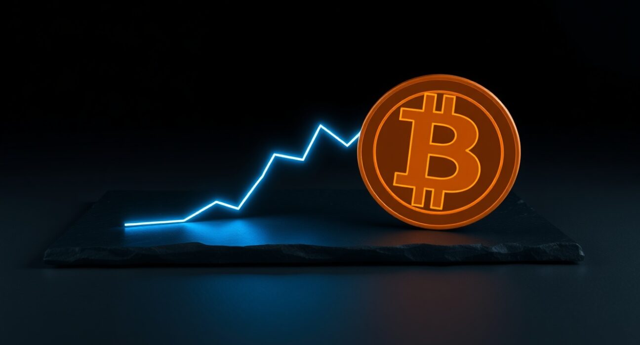 Bitcoin transaction fees decline shown with a digital Bitcoin symbol and downward trend graph.