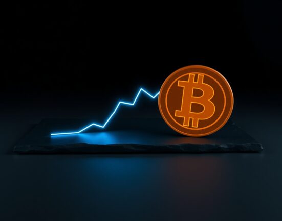 Bitcoin transaction fees decline shown with a digital Bitcoin symbol and downward trend graph.