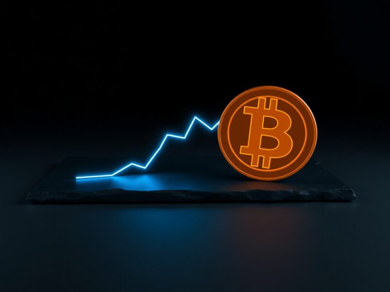 Bitcoin transaction fees decline shown with a digital Bitcoin symbol and downward trend graph.
