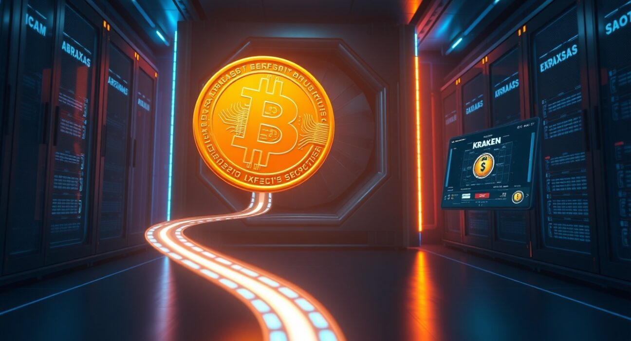 A large Bitcoin coin being transferred from Abraxas to Kraken in a futuristic digital environment, illustrating the 2,820 BTC transaction.