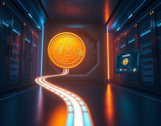 A large Bitcoin coin being transferred from Abraxas to Kraken in a futuristic digital environment, illustrating the 2,820 BTC transaction.