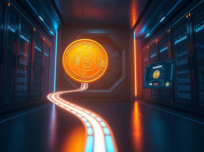 A large Bitcoin coin being transferred from Abraxas to Kraken in a futuristic digital environment, illustrating the 2,820 BTC transaction.