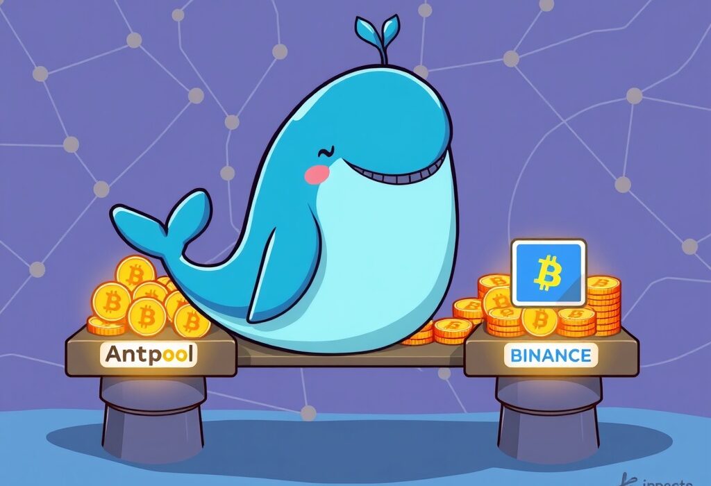 Cartoon illustration of a large Bitcoin transfer, showing a whale moving 1,848 BTC between Antpool and Binance, symbolizing significant crypto whale movement.