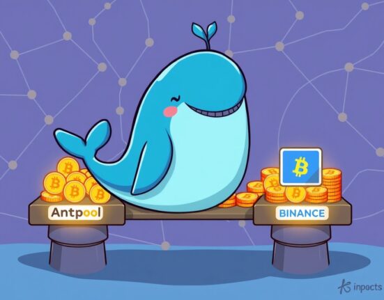 Cartoon illustration of a large Bitcoin transfer, showing a whale moving 1,848 BTC between Antpool and Binance, symbolizing significant crypto whale movement.