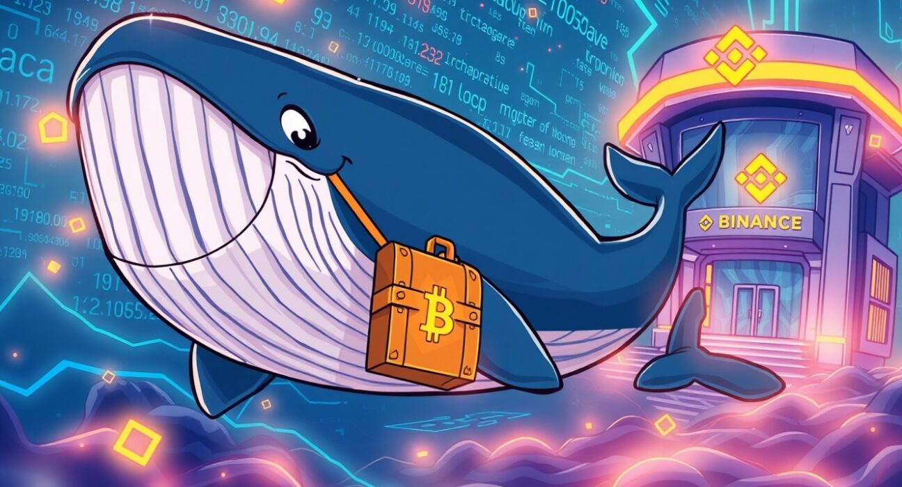 A cartoon whale making a massive Bitcoin transfer to the Binance exchange, symbolizing large cryptocurrency movements.