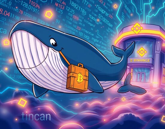 A cartoon whale making a massive Bitcoin transfer to the Binance exchange, symbolizing large cryptocurrency movements.