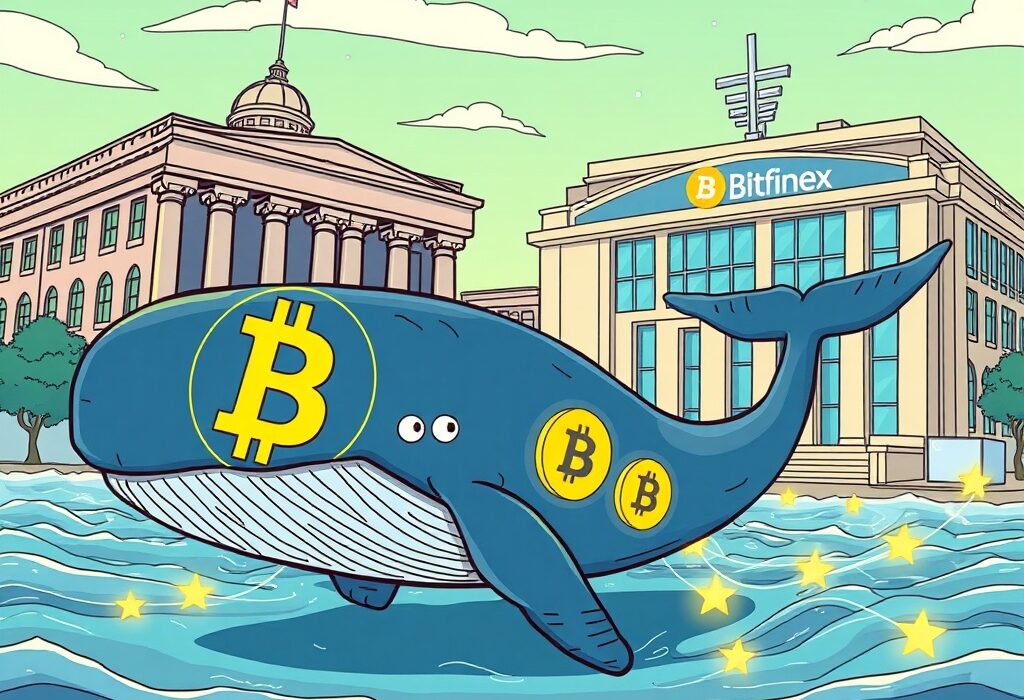 A cartoon illustration showing a large Bitcoin transfer, symbolizing a significant BTC whale moving funds to the Bitfinex exchange, indicating potential market shifts.