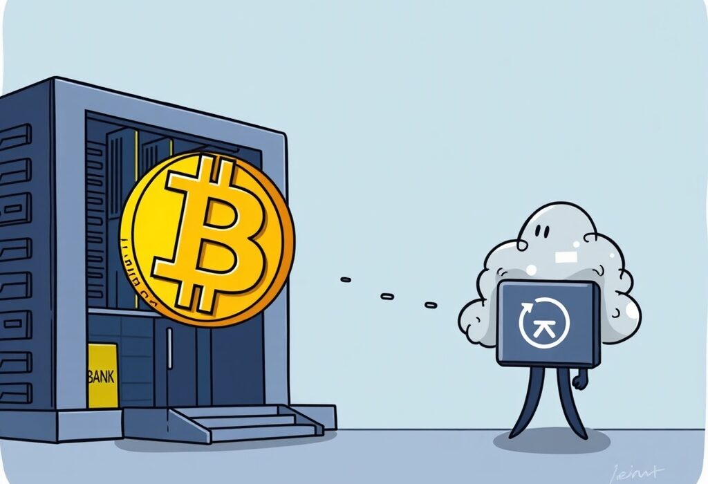 A cartoon illustration showing a large Bitcoin transfer from a secure institutional facility to an unknown digital wallet, symbolizing market movements.