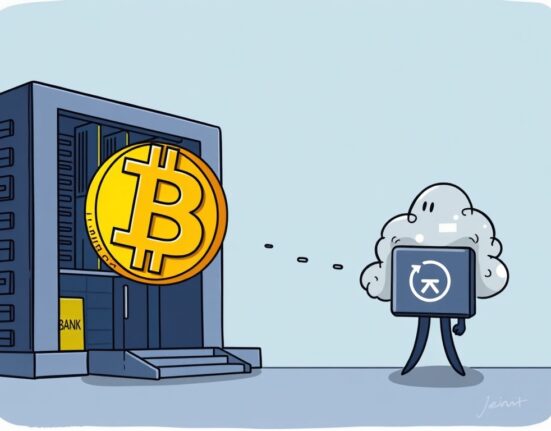 A cartoon illustration showing a large Bitcoin transfer from a secure institutional facility to an unknown digital wallet, symbolizing market movements.