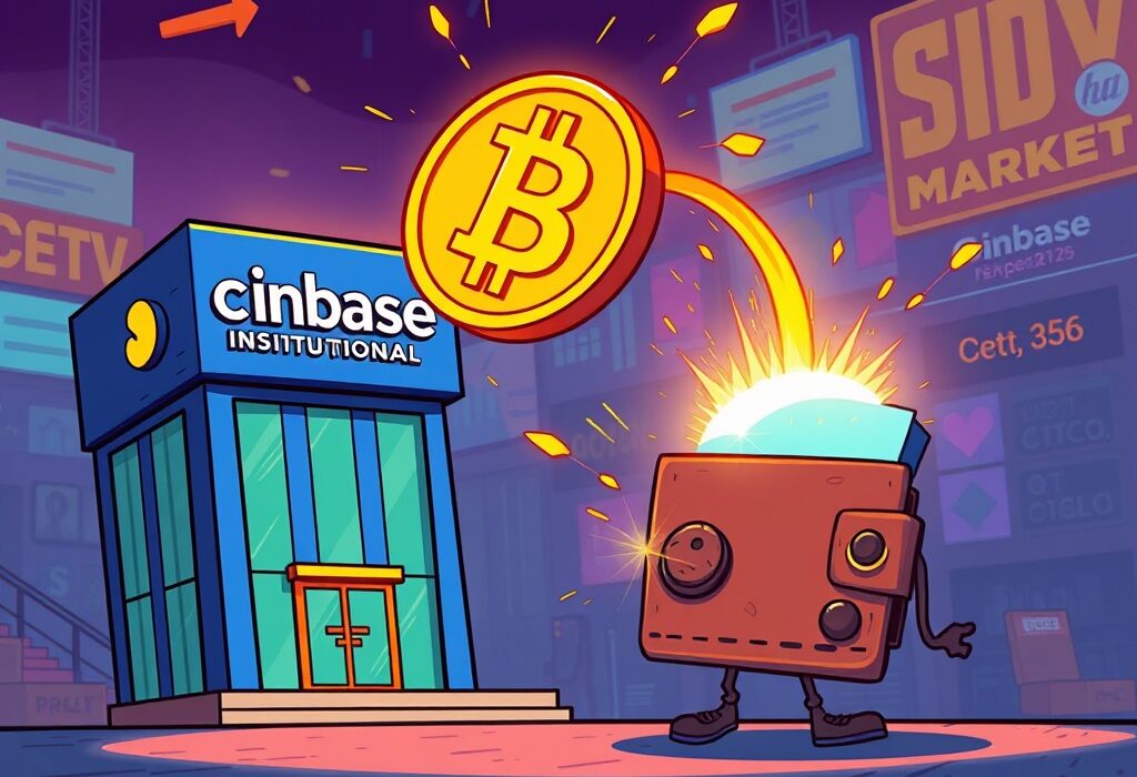 Cartoon illustration of a significant Bitcoin transfer from Coinbase Institutional to an unknown wallet, highlighting market intrigue.
