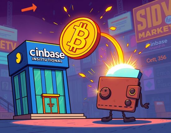 Cartoon illustration of a significant Bitcoin transfer from Coinbase Institutional to an unknown wallet, highlighting market intrigue.