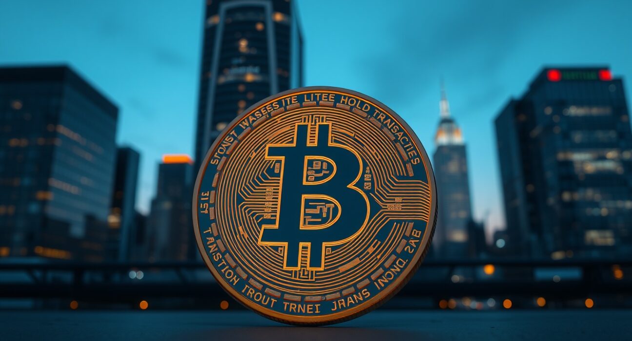 Bitcoin coin in foreground with blurred city skyline background, representing a large institutional cryptocurrency transfer.