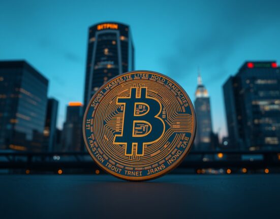 Bitcoin coin in foreground with blurred city skyline background, representing a large institutional cryptocurrency transfer.