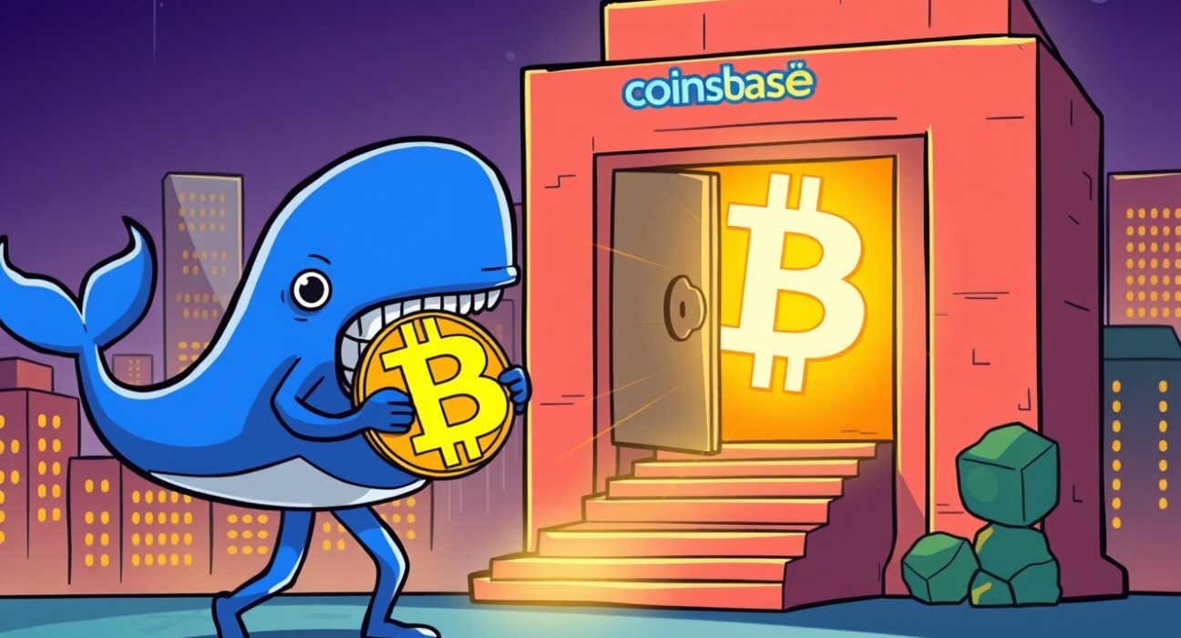 A cartoon whale moving a large Bitcoin, symbolizing a massive Bitcoin transfer from Coinbase to an unknown wallet.