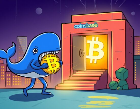 A cartoon whale moving a large Bitcoin, symbolizing a massive Bitcoin transfer from Coinbase to an unknown wallet.