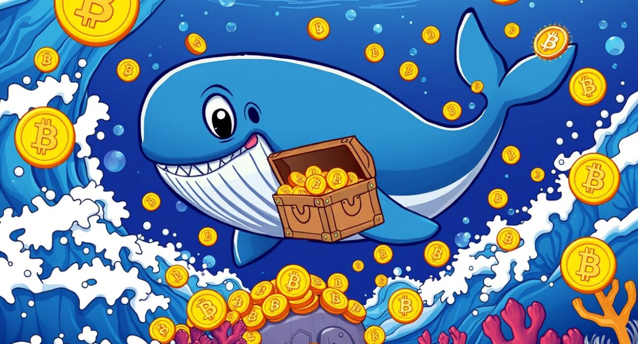Massive Bitcoin transfer represented by whale moving digital coins between wallets