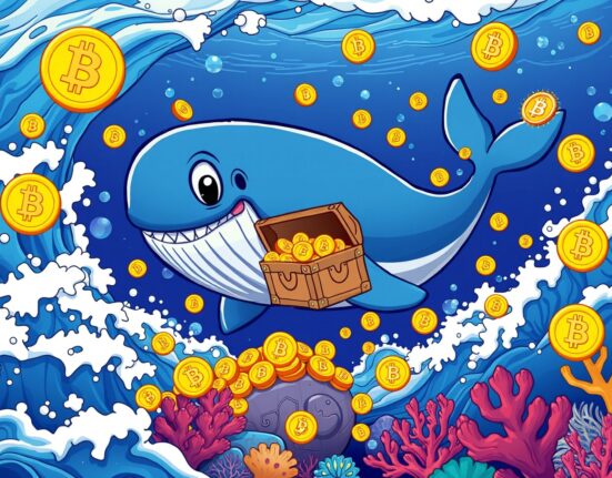Massive Bitcoin transfer depicted as whale moving digital treasure through blockchain ocean