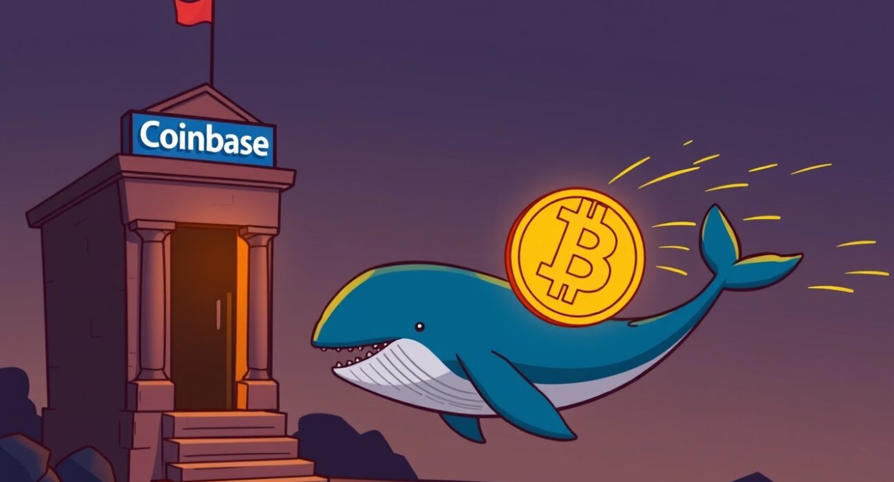 A cartoon whale moving a large Bitcoin, symbolizing a significant Bitcoin transfer from Coinbase to an unknown wallet.