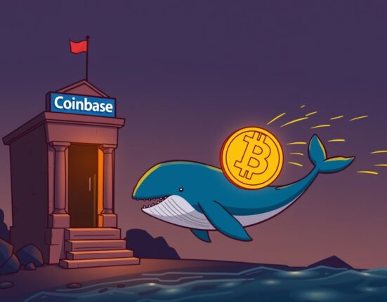 A cartoon whale moving a large Bitcoin, symbolizing a significant Bitcoin transfer from Coinbase to an unknown wallet.