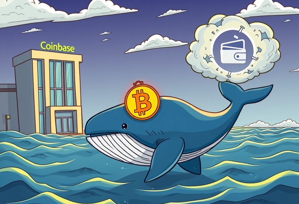 Cartoon illustration of a large Bitcoin transfer by a Coinbase whale to an unknown wallet, highlighting significant BTC movement.