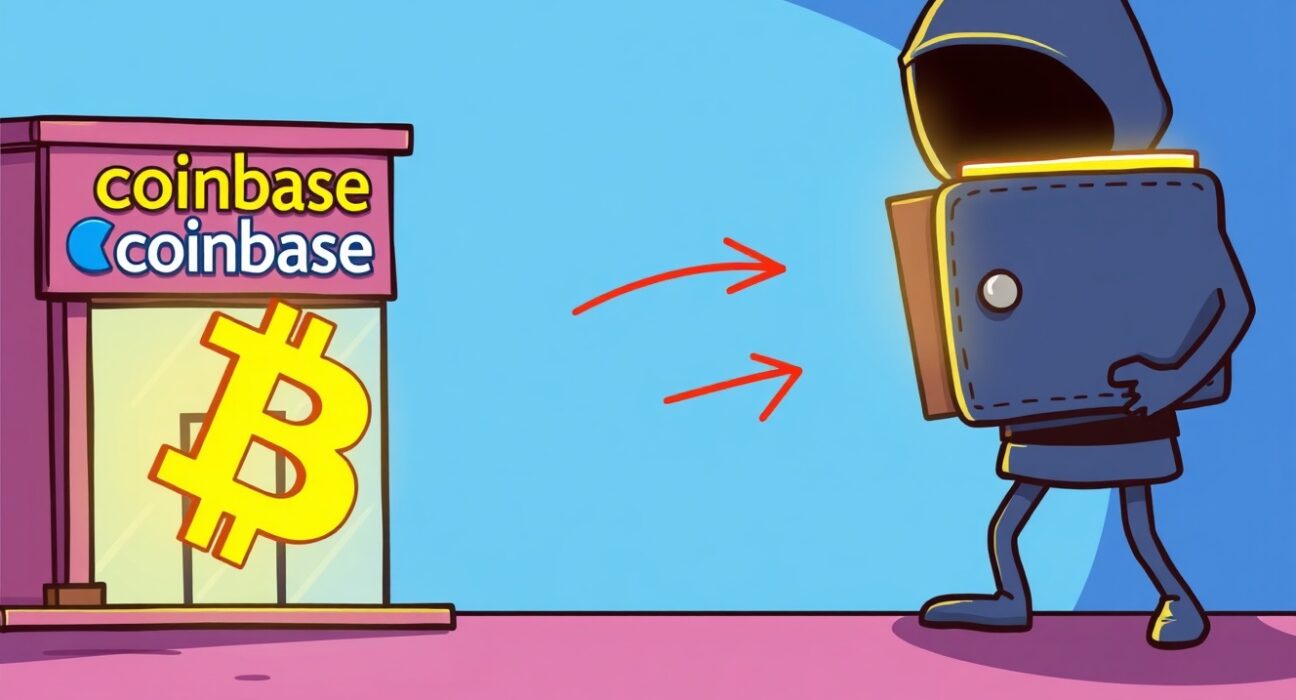 A cartoon whale moving a large Bitcoin transfer from Coinbase to an unknown wallet, symbolizing significant market activity.