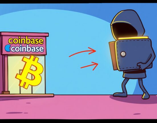 Cartoon illustration showing a significant Bitcoin transfer from Coinbase to an unknown digital wallet, symbolizing a major crypto whale movement.