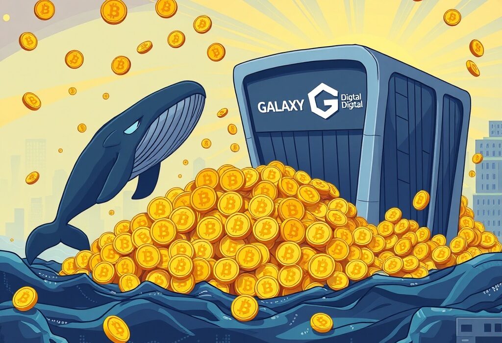 A cartoon illustrating a large Bitcoin transfer from a whale wallet to Galaxy Digital, symbolizing significant institutional crypto movement.