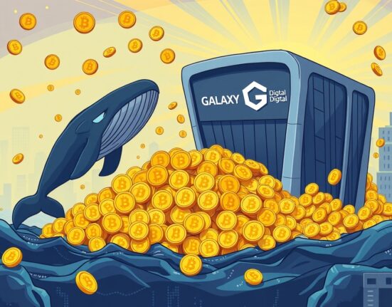 A cartoon illustrating a large Bitcoin transfer from a whale wallet to Galaxy Digital, symbolizing significant institutional crypto movement.