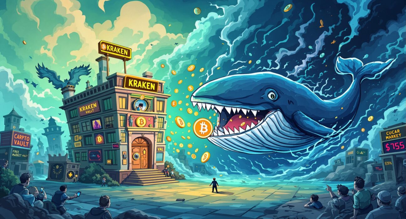 A large digital whale moving a significant Bitcoin transfer from a cryptocurrency exchange to a mysterious, unknown digital wallet.