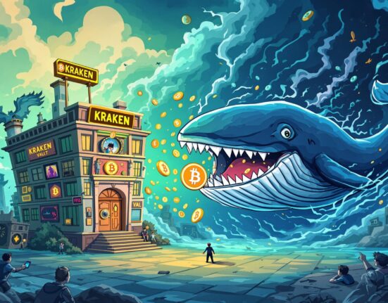 A large digital whale moving a significant Bitcoin transfer from a cryptocurrency exchange to a mysterious, unknown digital wallet.