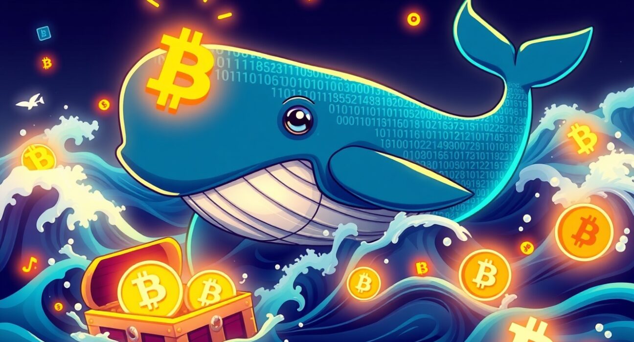 Massive Bitcoin transfer illustrated as whale moving through blockchain ocean with cryptocurrency symbols