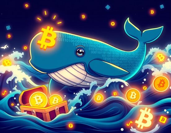 Massive Bitcoin transfer illustrated as whale moving through blockchain ocean with cryptocurrency symbols