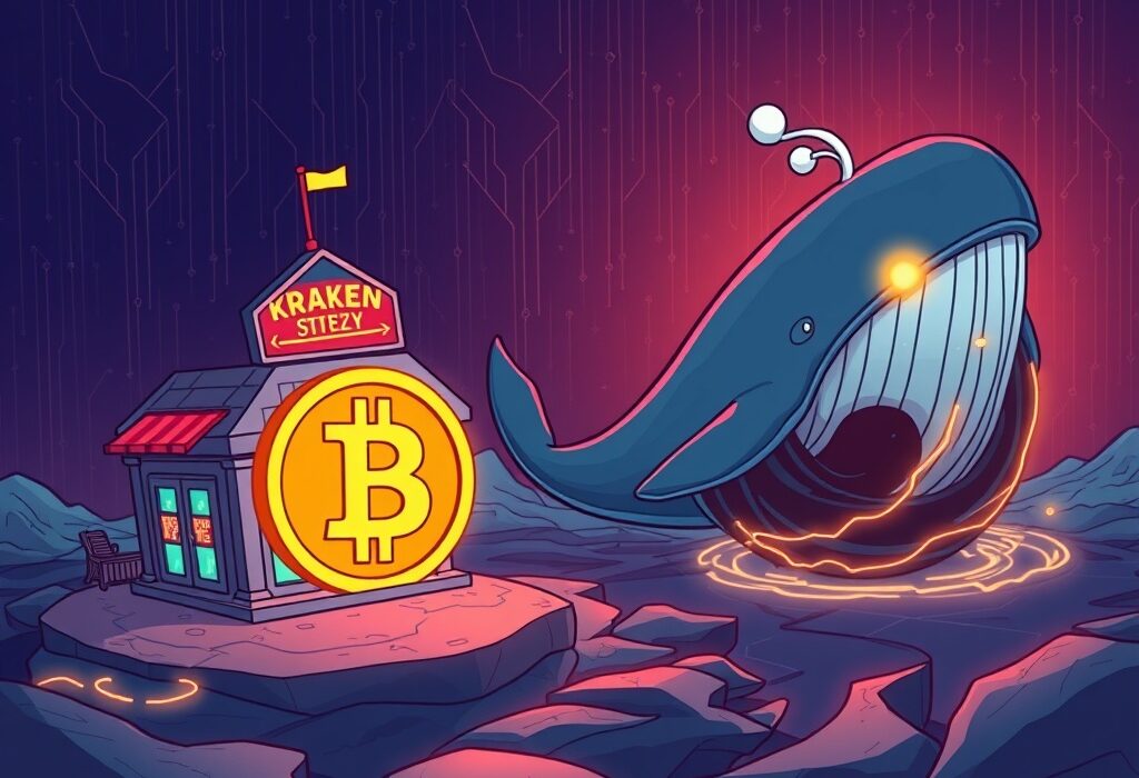 A cartoon whale pushing a large Bitcoin coin from an exchange, symbolizing a significant Bitcoin transfer to an unknown wallet.