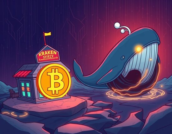 A cartoon whale pushing a large Bitcoin coin from an exchange, symbolizing a significant Bitcoin transfer to an unknown wallet.
