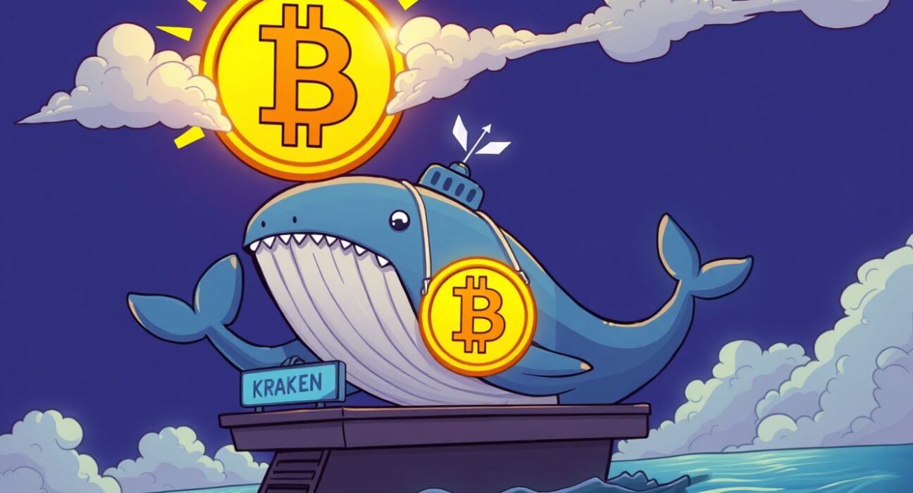 Cartoon whale executing a large Bitcoin transfer from Kraken to an unknown destination, symbolizing significant crypto movement.