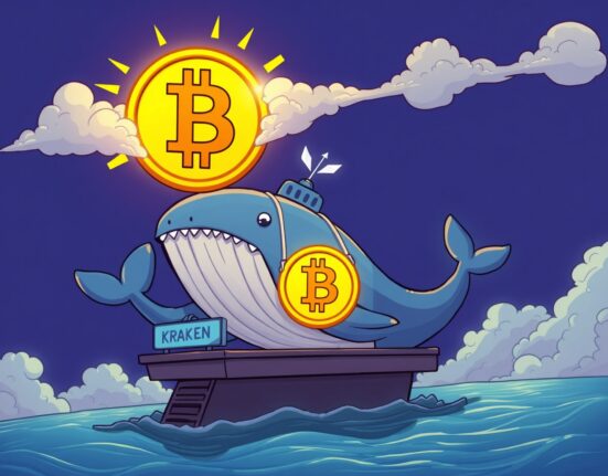 Cartoon whale executing a large Bitcoin transfer from Kraken to an unknown destination, symbolizing significant crypto movement.