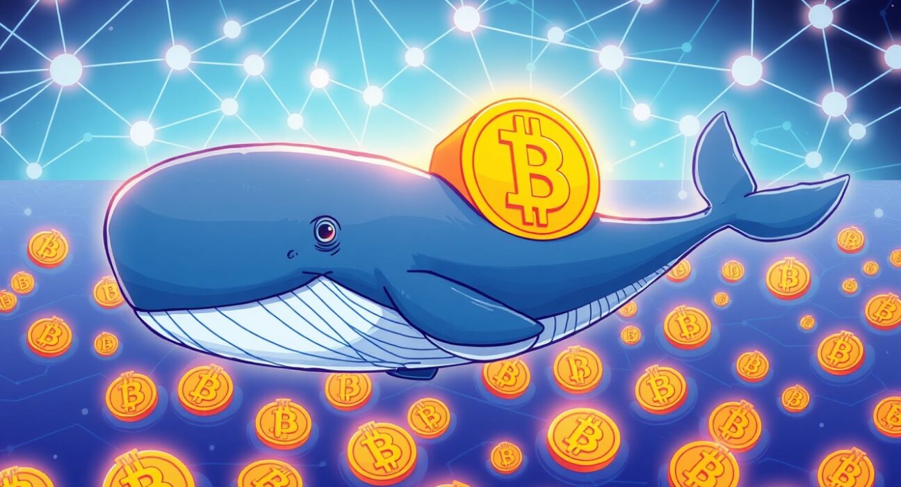 A cartoon whale symbolizing a significant Bitcoin transfer, moving a large amount of BTC between digital platforms, highlighting market speculation.