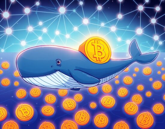 A cartoon whale symbolizing a significant Bitcoin transfer, moving a large amount of BTC between digital platforms, highlighting market speculation.