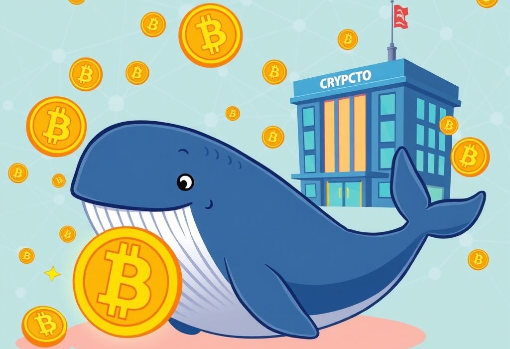 Cartoon illustration of a large whale symbolizing a significant Bitcoin transfer moving towards a crypto exchange, highlighting market impact and the importance of a Bitcoin transfer.